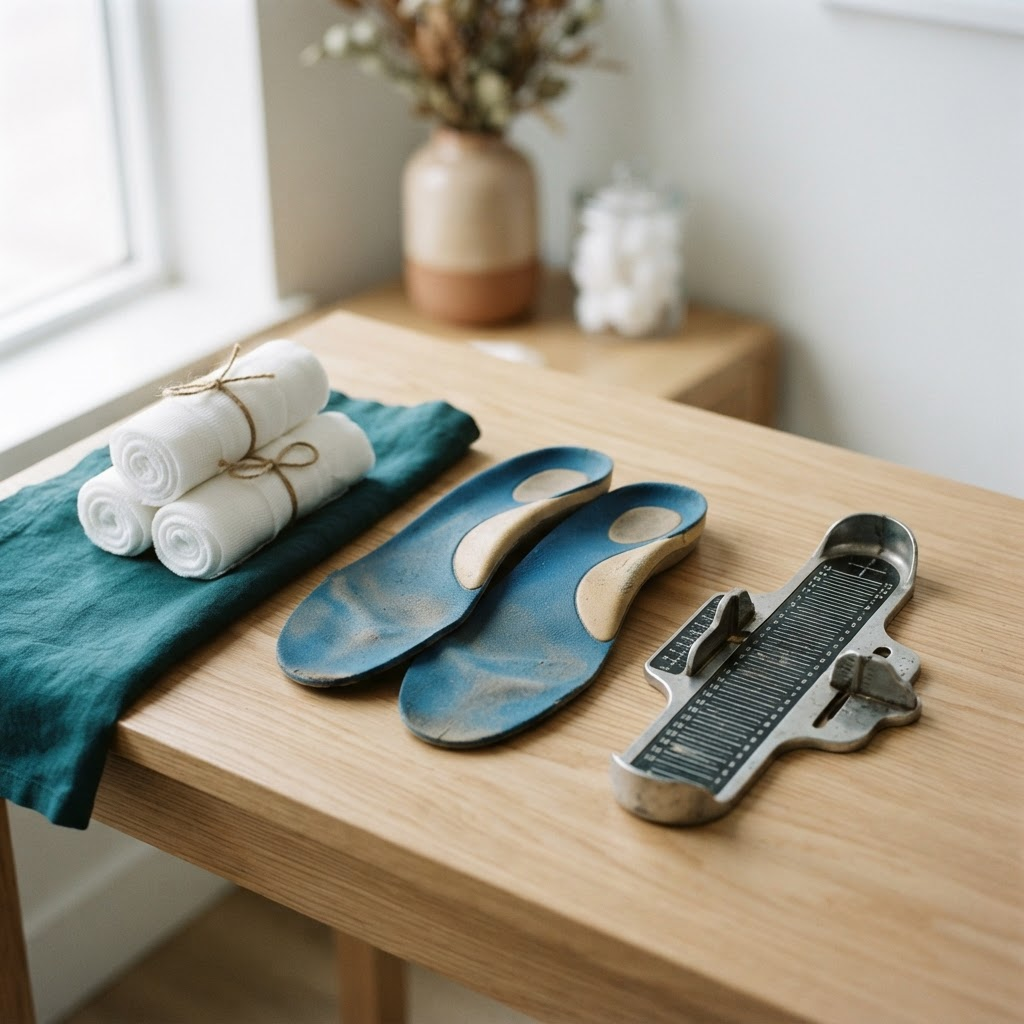 Custom orthotic insoles and podiatry tools arranged neatly on a wooden table