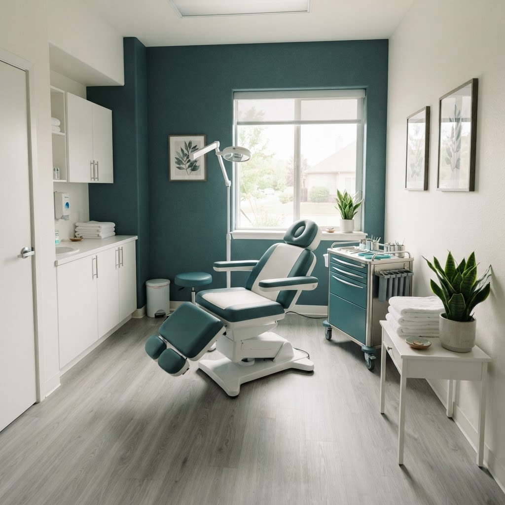 A calm, modern podiatry treatment room with a teal and white color palette
